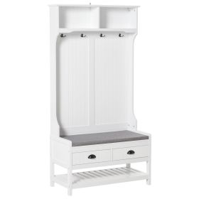3-in-1 Hall Tree, Entryway Bench with Coat Rack, Shoe Rack, 2 Storage Drawers, 4 Hooks, Padded Seat, White