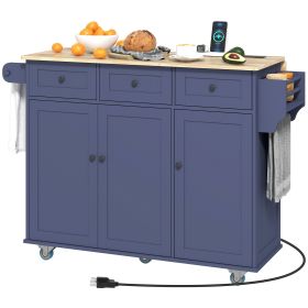 HOMCOM Kitchen Island on Wheels with Drop Leaf, Charging Station, Rolling Kitchen Cart with Wood Top, Adjustable Shelf, Blue