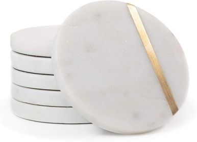 Marble Coasters Set of 6 - Luxury Aesthetic Modern Decor for Coffee Table- White Marble with Gold Brass Inlay - Real Natural Semi Absorbent Stone Coas