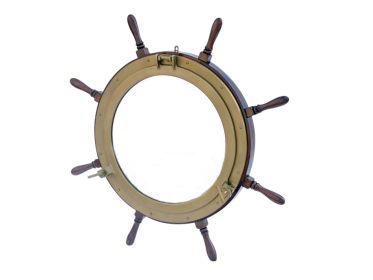 Deluxe Class Wood and Antique Brass Ship Wheel Porthole Mirror 36""