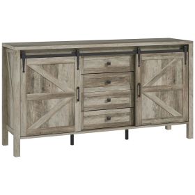 HOMCOM 59" Buffet Cabinet, Farmhouse Sideboard with Thick Top, 2 Barn Doors, 4 Drawers and 2 Adjustable Shelves, Gray Wash