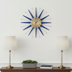 Metal Silent Analog Starburst Wall Clock (Color: Blue And Gold Metal, size: 27")