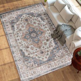8x10 Area Rug, Vintage Machine Washable Rug, Non-Slip Carpet For Living Room, Bedroom, Dining Room, Brown & Light Blue (Color: Blue)