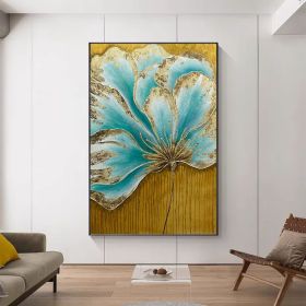 3D Original Gold Blue Abstract Oil Painting on Canvas Blue Flowers Painting Large Textured Floral Art Gold Wall Art Modern Home Decor (Style: 01, size: 120x160cm)