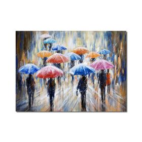 Large Abstract People Walking In The Rain With Umbrellas Painting 100% Handmade Oil Painting On Canvas Modern Decorative Wall Art (size: 75x150cm)