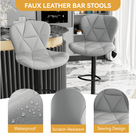 Industrial Vintage 2-Pc Rotatable Bar Stools Set w/ Backrest & Footrest - Quilted PU Leather - 300lb Capacity (Color: Light Gray)